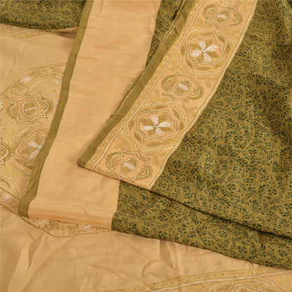 Sanskriti Vintage Sarees Green/Cream Pure Crepe Printed Sari 5yd Craft Fabric