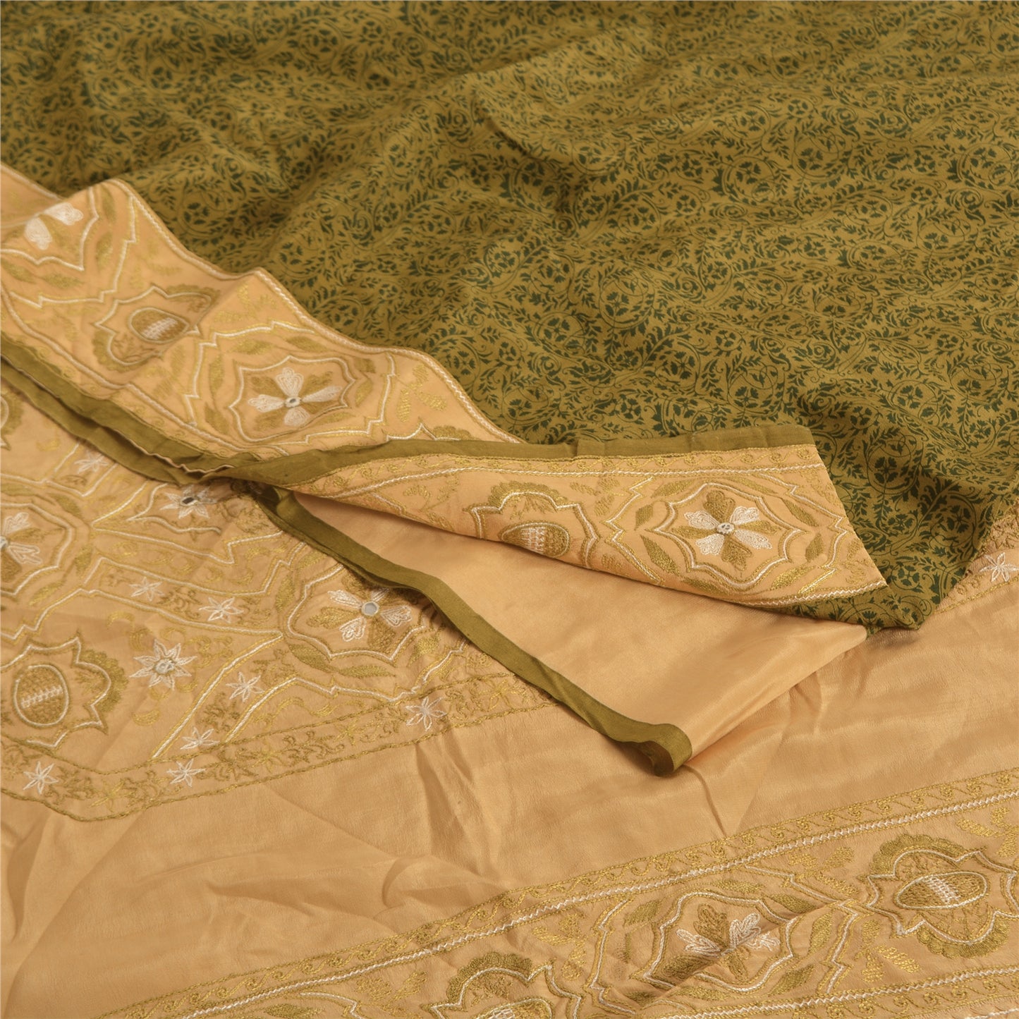 Sanskriti Vintage Sarees Green/Cream Pure Crepe Printed Sari 5yd Craft Fabric