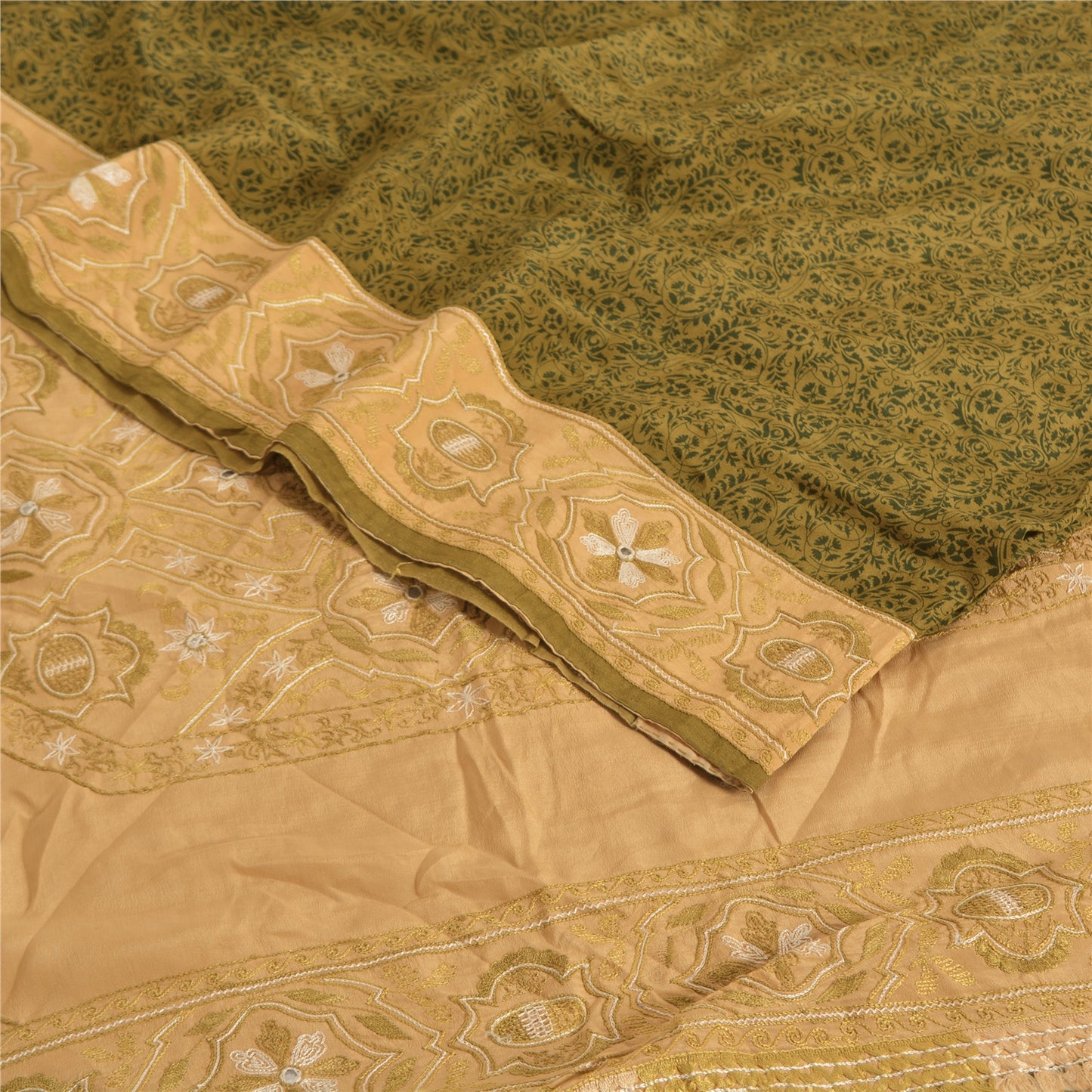 Sanskriti Vintage Sarees Green/Cream Pure Crepe Printed Sari 5yd Craft Fabric