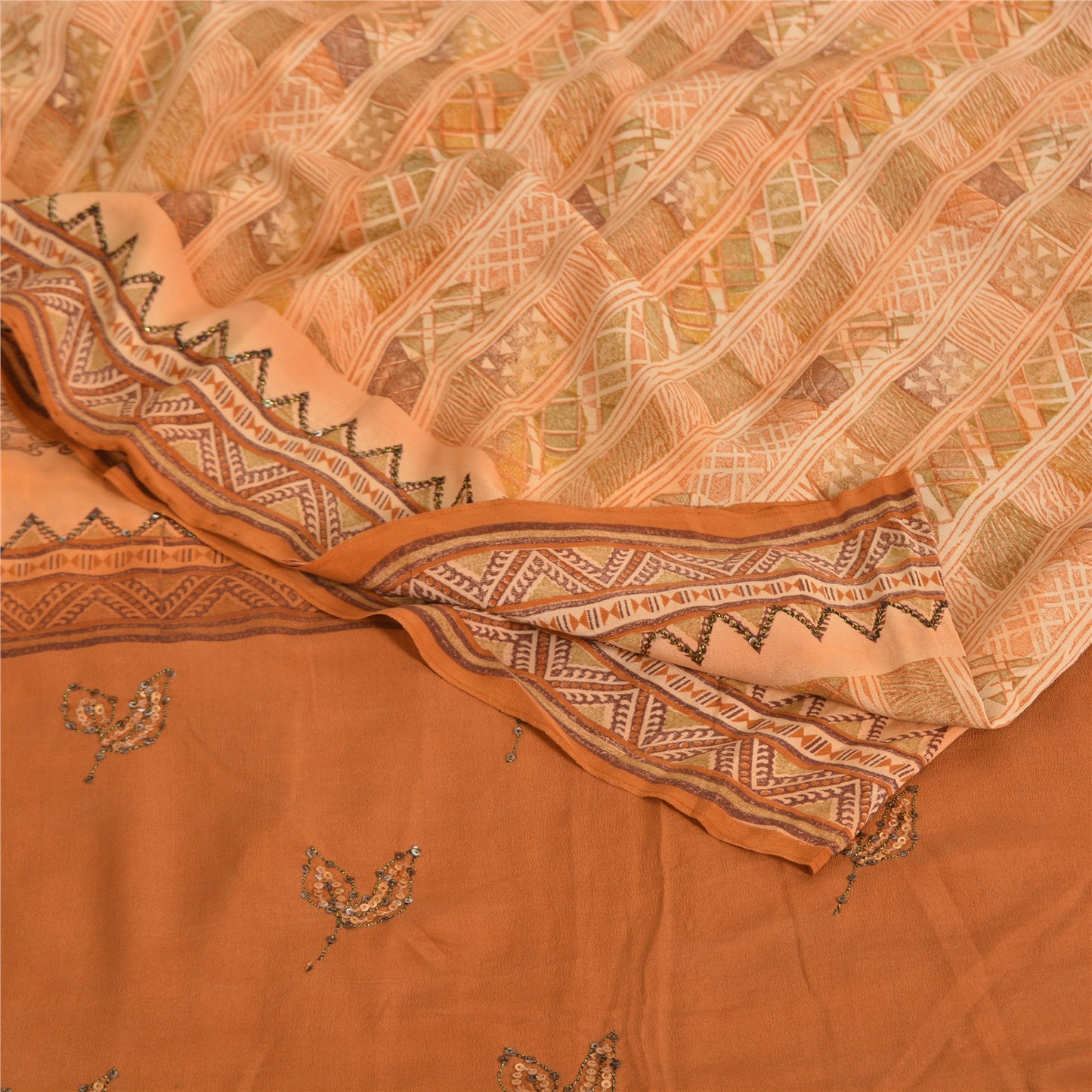 Sanskriti Vintage Sarees Brown Pure Crepe Silk Embroidered Printed Sari Fabric