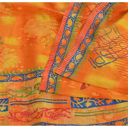 Sanskriti Vintage Sarees Orange Pure Crepe Silk Printed Sari 5yd Craft Fabric