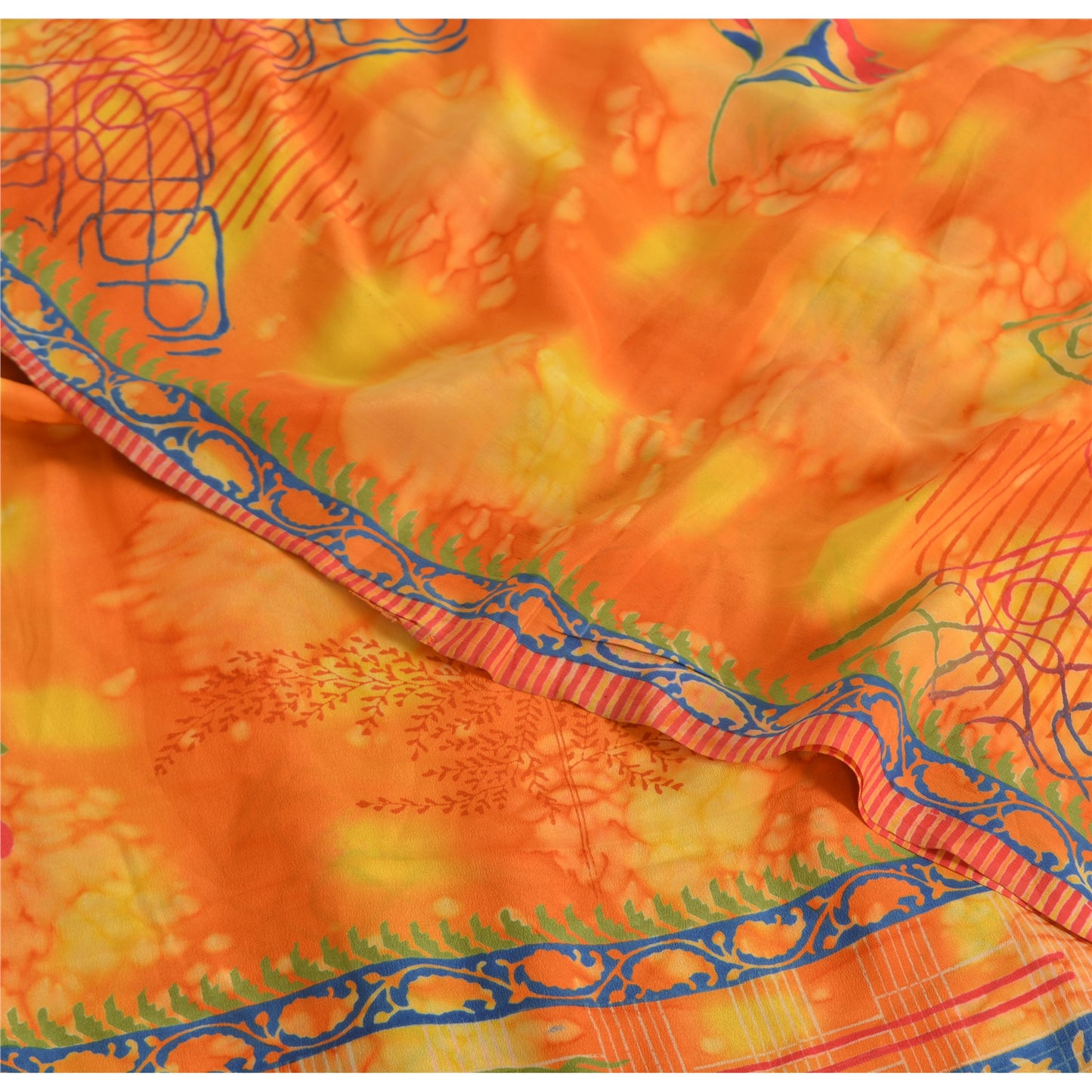 Sanskriti Vintage Sarees Orange Pure Crepe Silk Printed Sari 5yd Craft Fabric