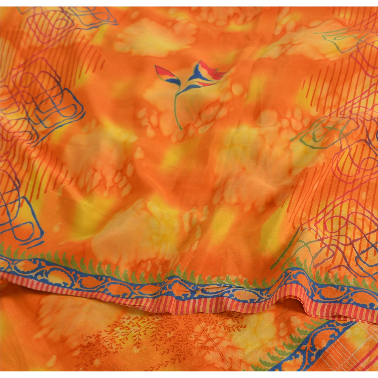 Sanskriti Vintage Sarees Orange Pure Crepe Silk Printed Sari 5yd Craft Fabric