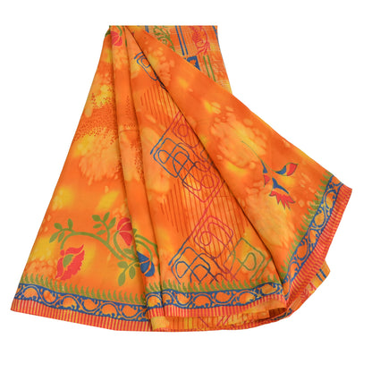 Sanskriti Vintage Sarees Orange Pure Crepe Silk Printed Sari 5yd Craft Fabric