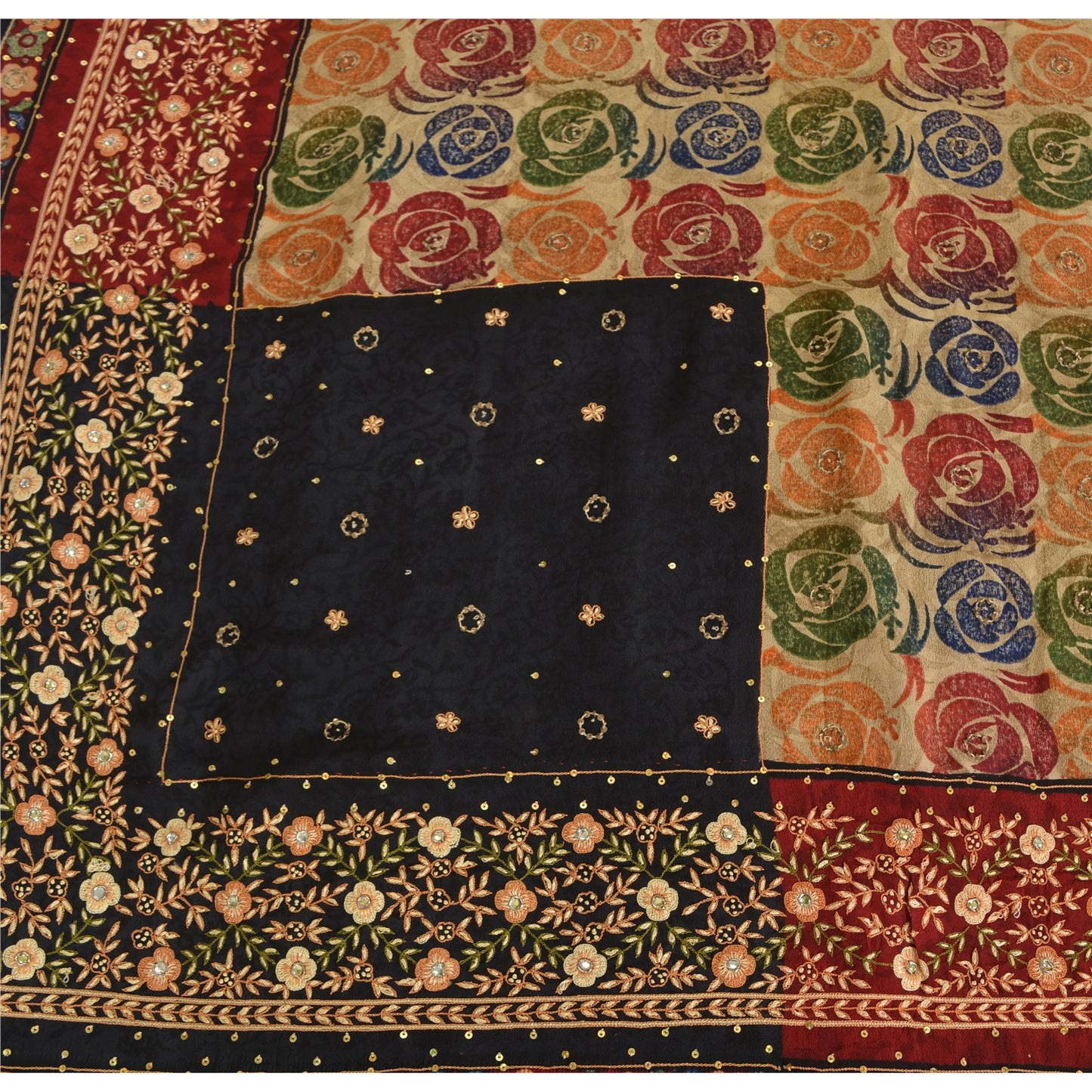 Sanskriti Vintage Sarees Cream Pure Crepe Silk Hand Beaded Printed Sari Fabric