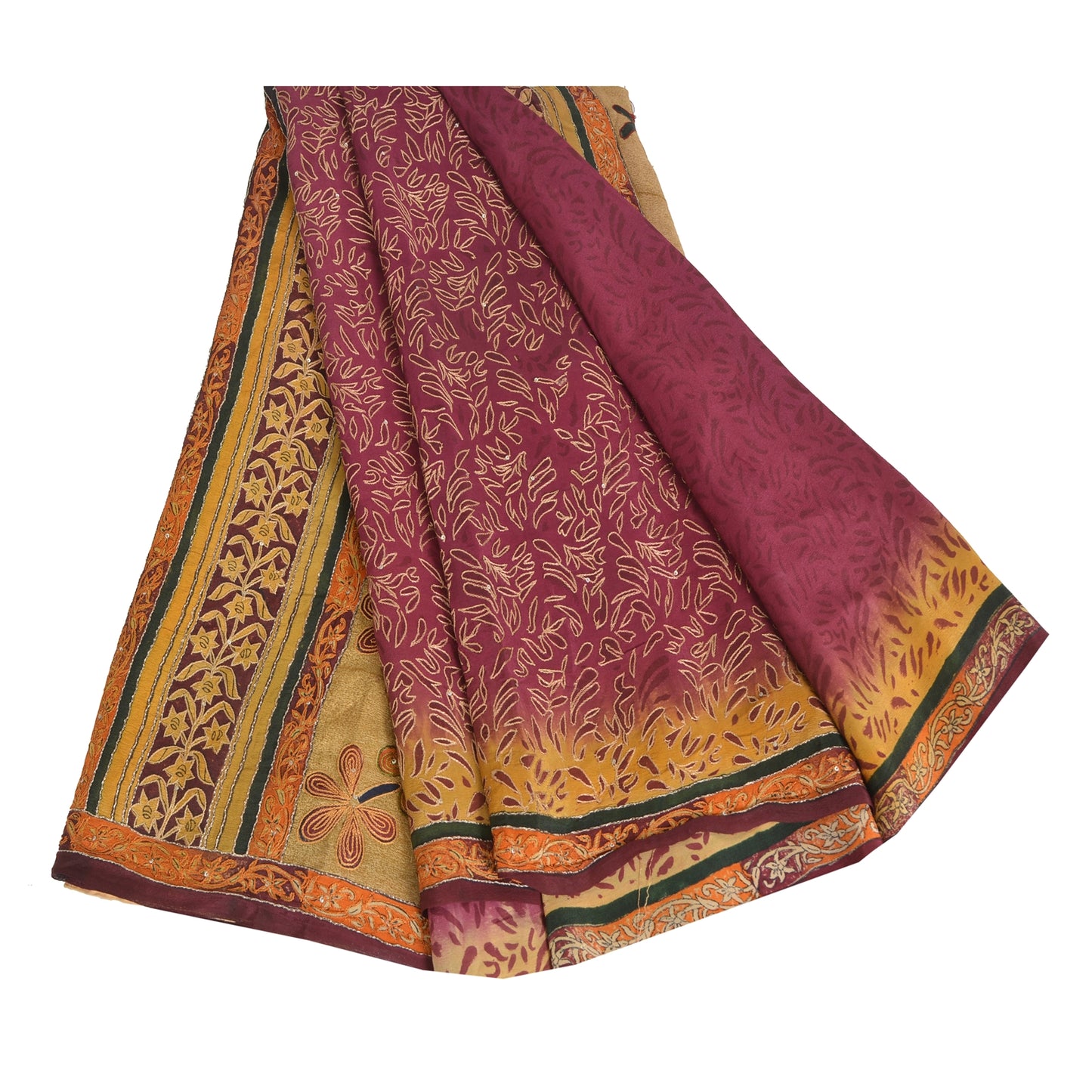 Sanskriti Vintage Sarees Purple Pure Crepe Printed Embroidered Sari 5yd Fabric