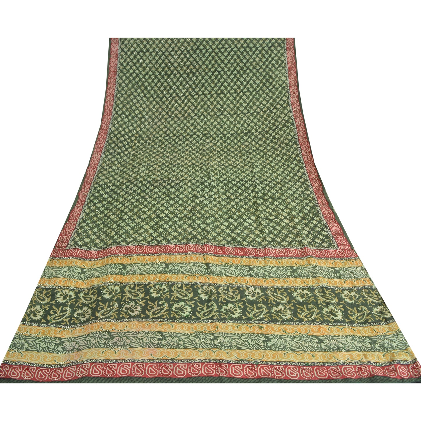 Sanskriti Vintage Sarees Green Pure Crepe Printed Embroidered Sari 5yd Fabric