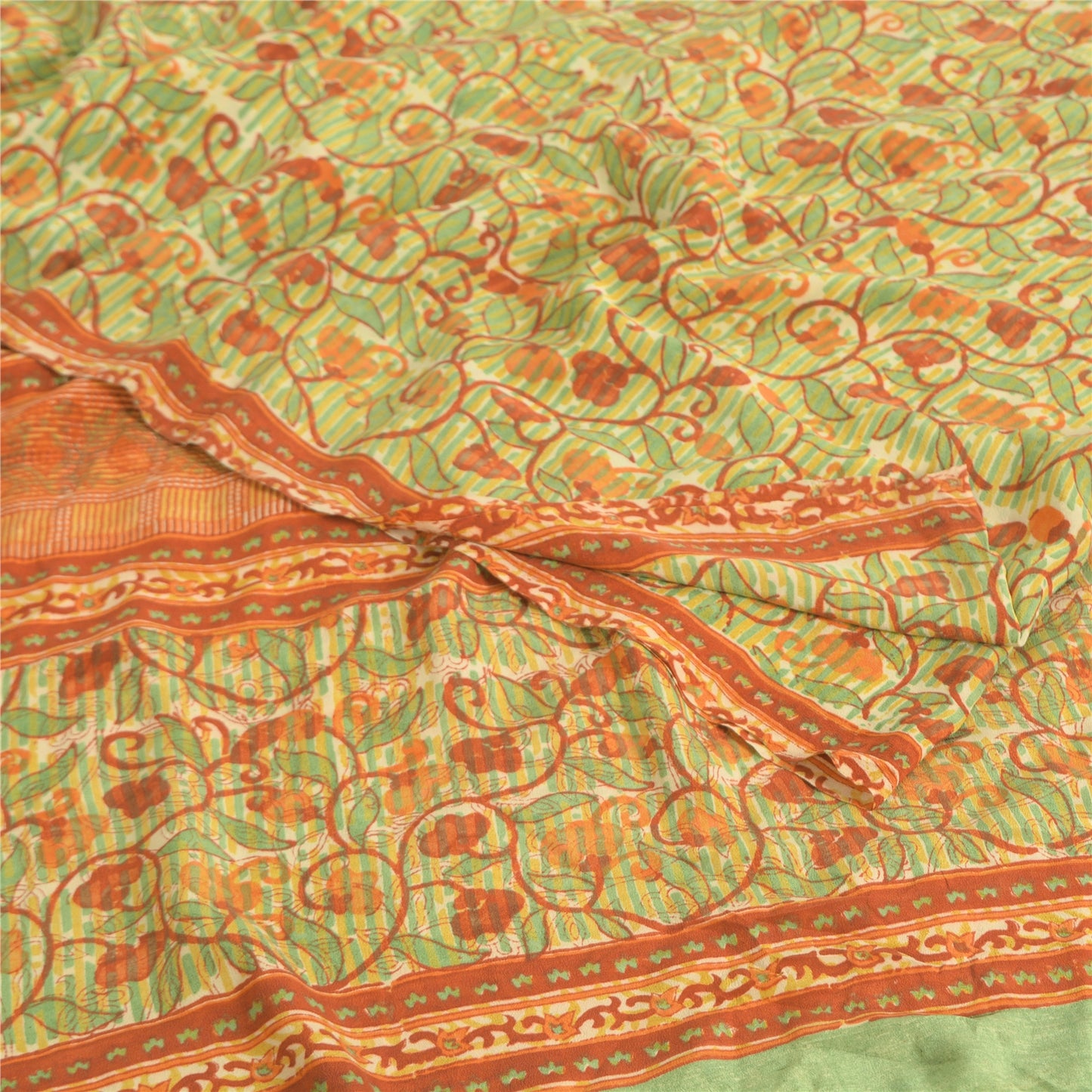 Sanskriti Vintage Sarees Green/Orange Pure Crepe Printed Sari 5yd Craft Fabric