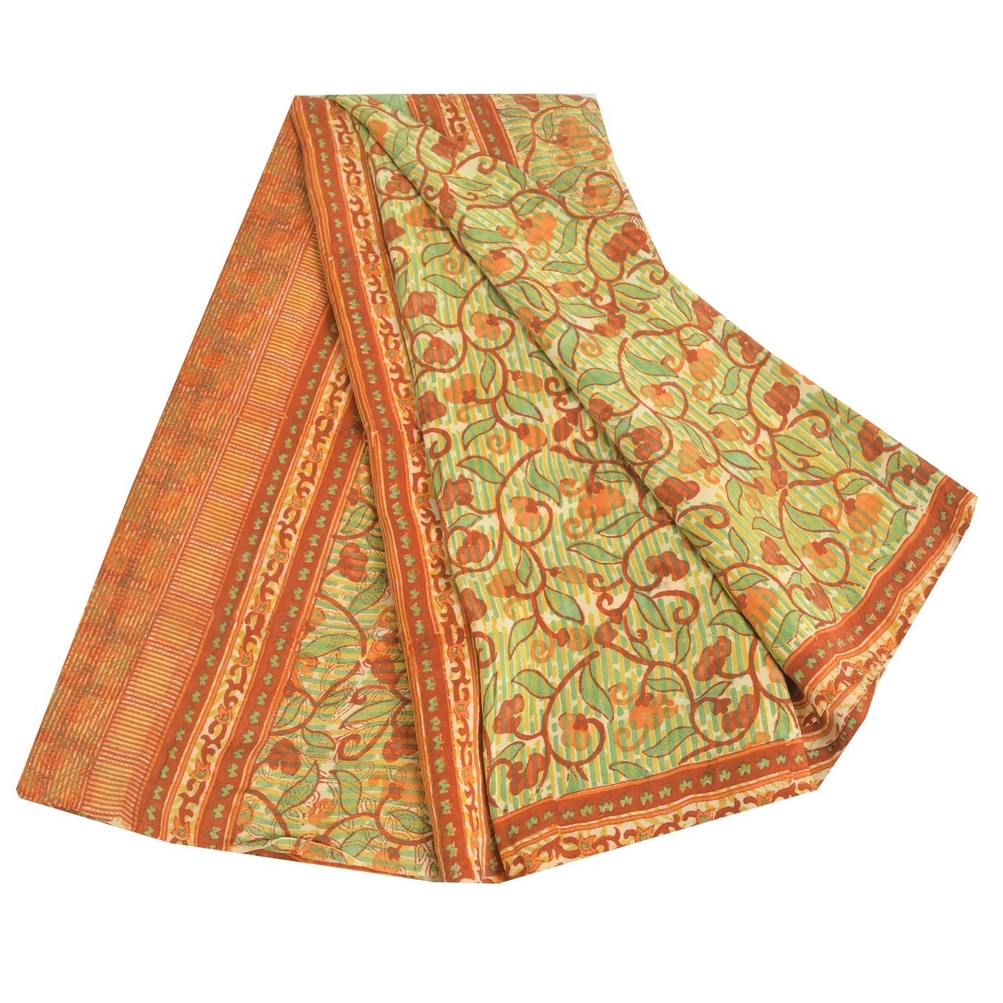 Sanskriti Vintage Sarees Green/Orange Pure Crepe Printed Sari 5yd Craft Fabric