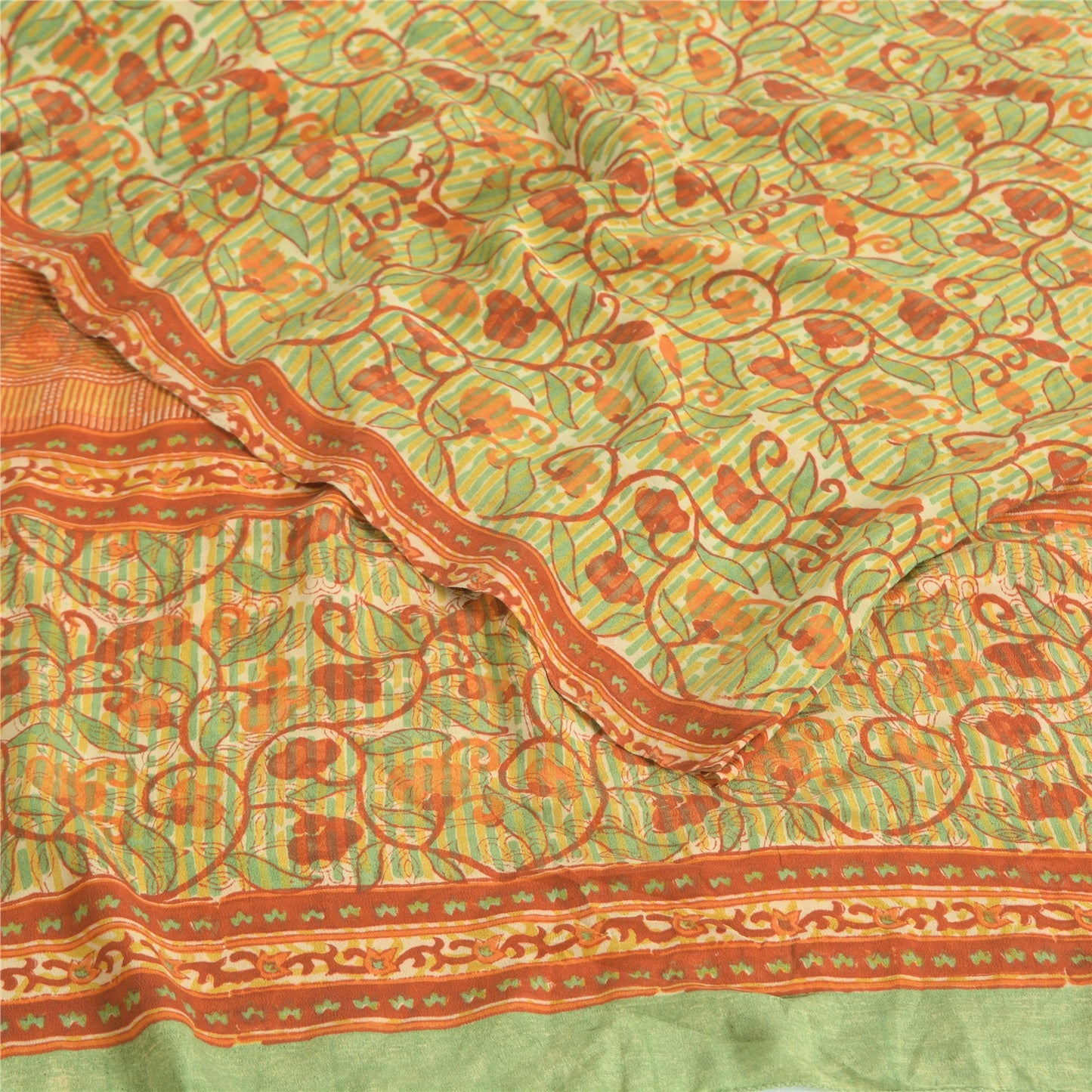 Sanskriti Vintage Sarees Green/Orange Pure Crepe Printed Sari 5yd Craft Fabric