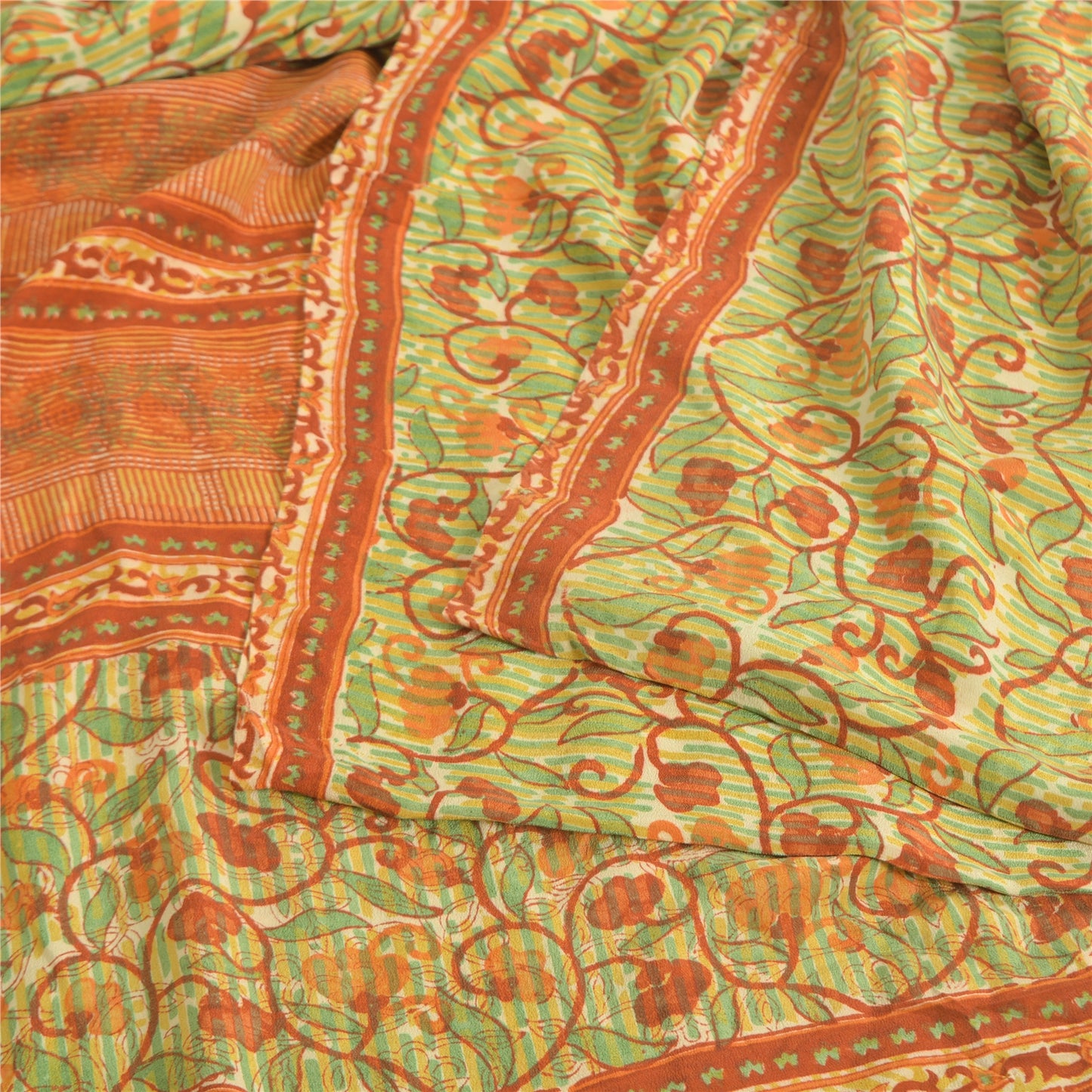 Sanskriti Vintage Sarees Green/Orange Pure Crepe Printed Sari 5yd Craft Fabric