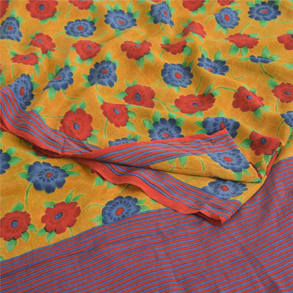 Sanskriti Vintage Sarees Saffron Pure Crepe Silk Printed Sari 5yd Craft Fabric