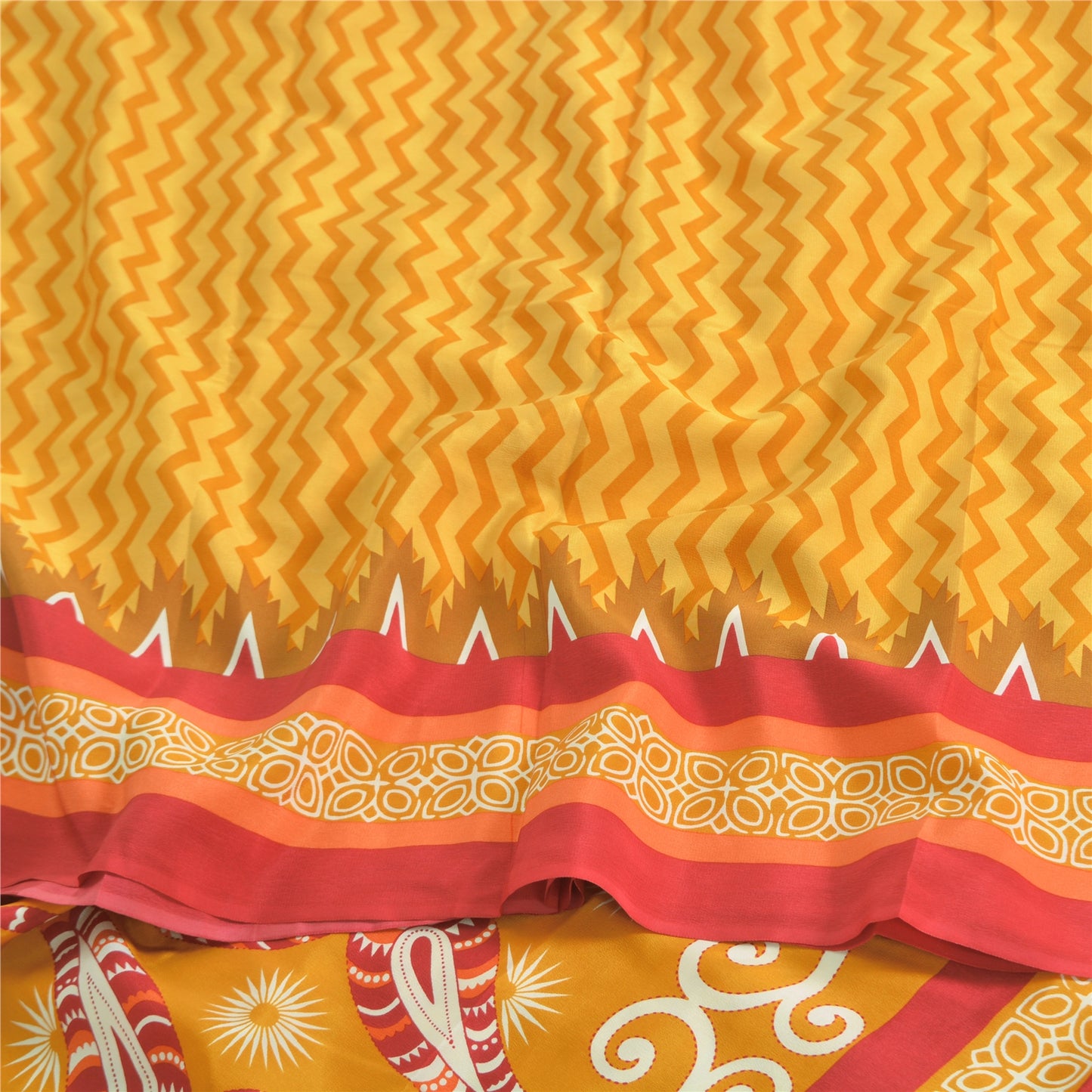 Sanskriti Vintage Sarees Yellow Pure Crepe Silk Printed Sari 5yd Craft Fabric