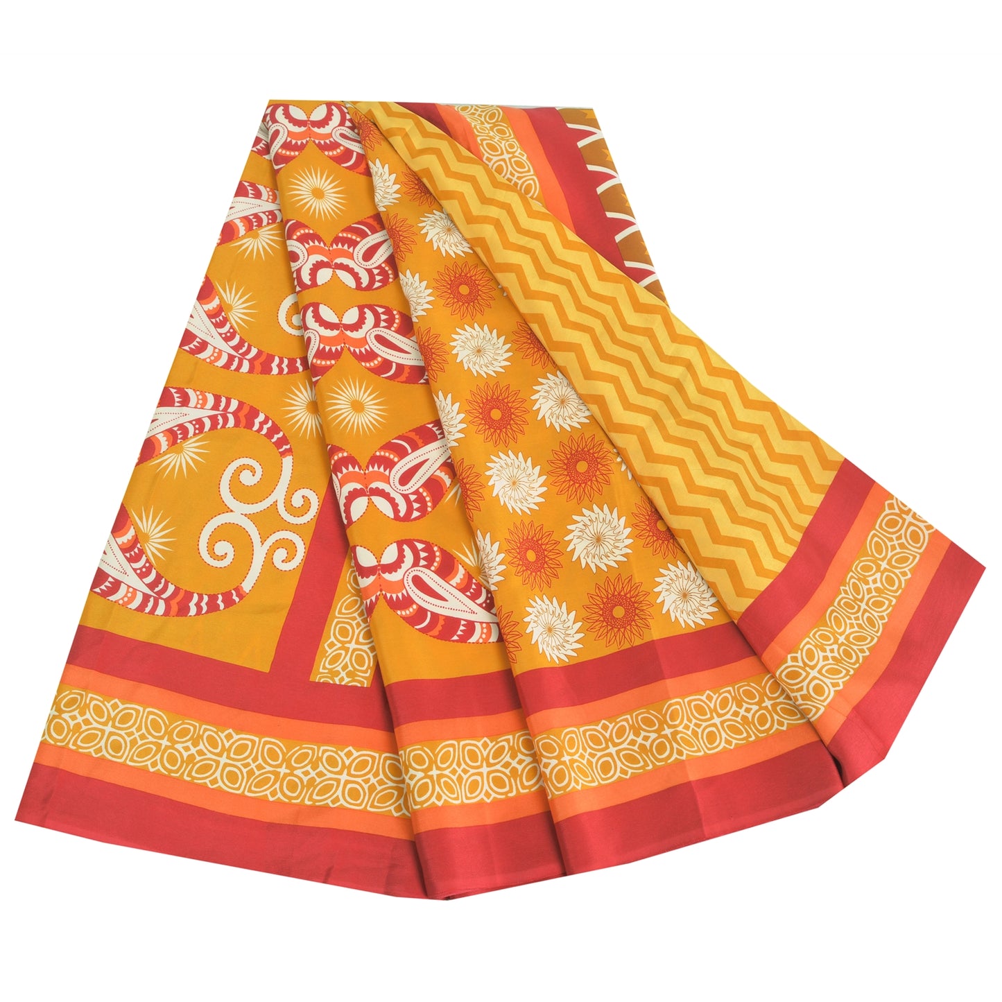 Sanskriti Vintage Sarees Yellow Pure Crepe Silk Printed Sari 5yd Craft Fabric