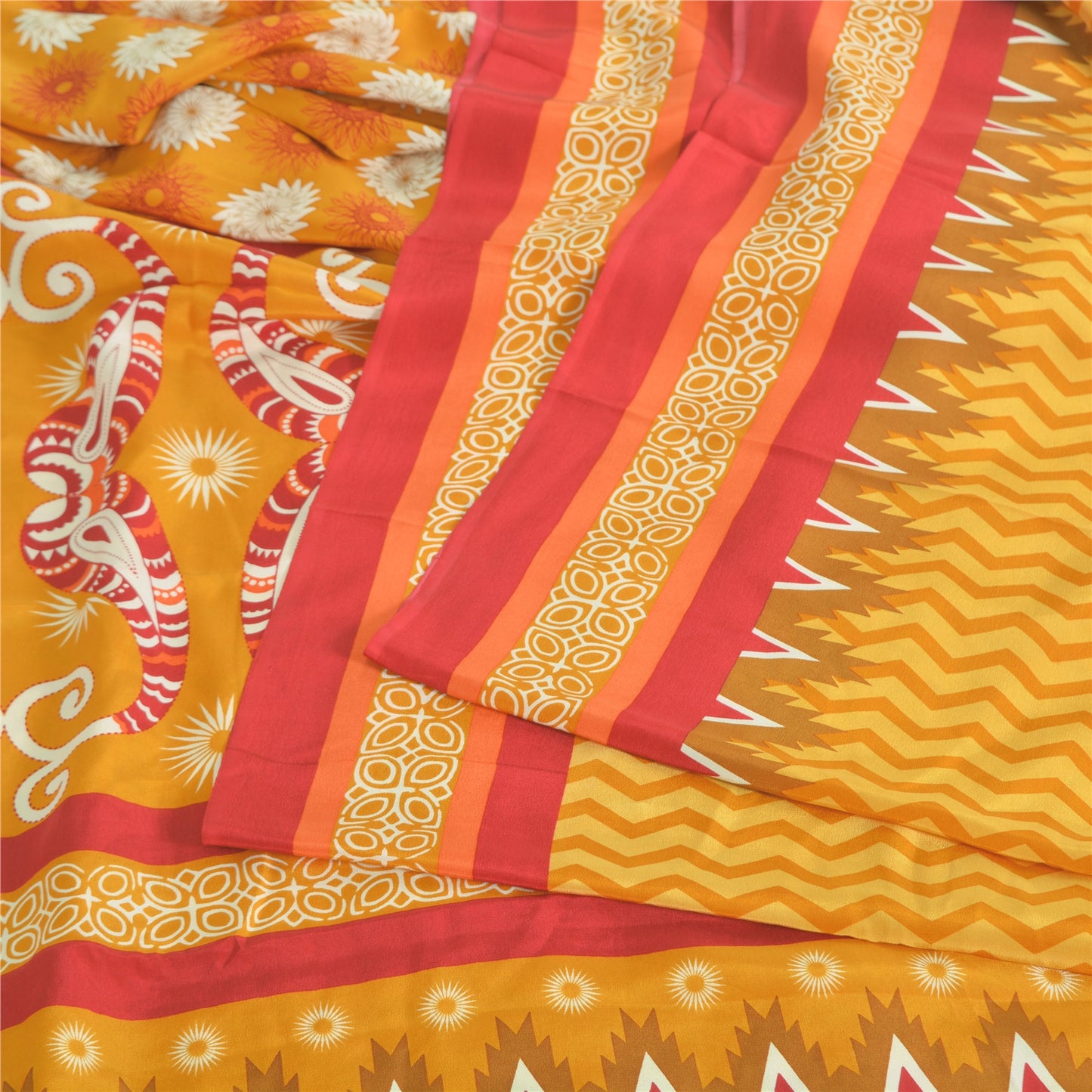 Sanskriti Vintage Sarees Yellow Pure Crepe Silk Printed Sari 5yd Craft Fabric