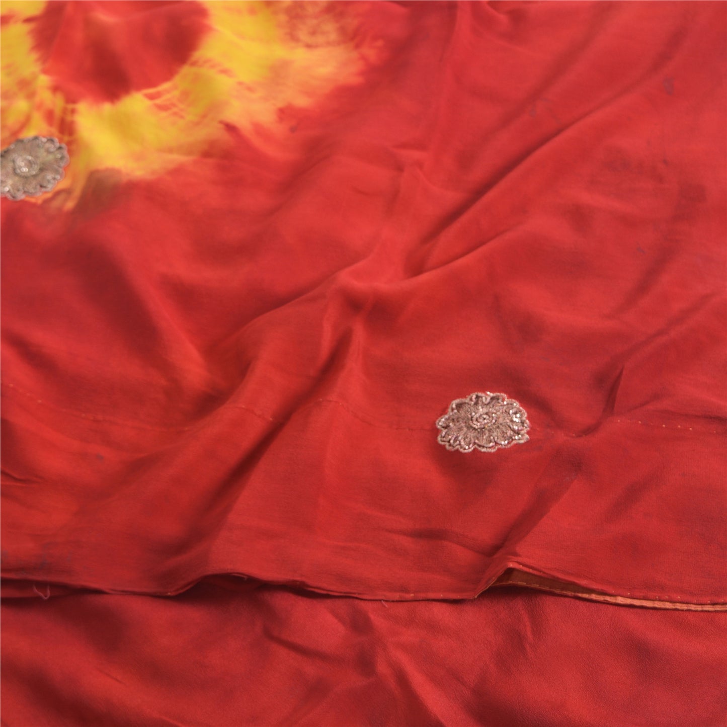 Sanskriti Vintage Sarees Red Tie-Dye Embroidered Zari Pure Crepe Sari Fabric