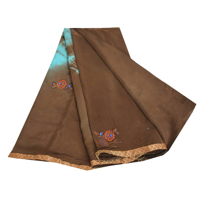 Sanskriti Vintage Sarees Indian Brown Tie-Dye Hand Beaded Pure Crepe Sari Fabric