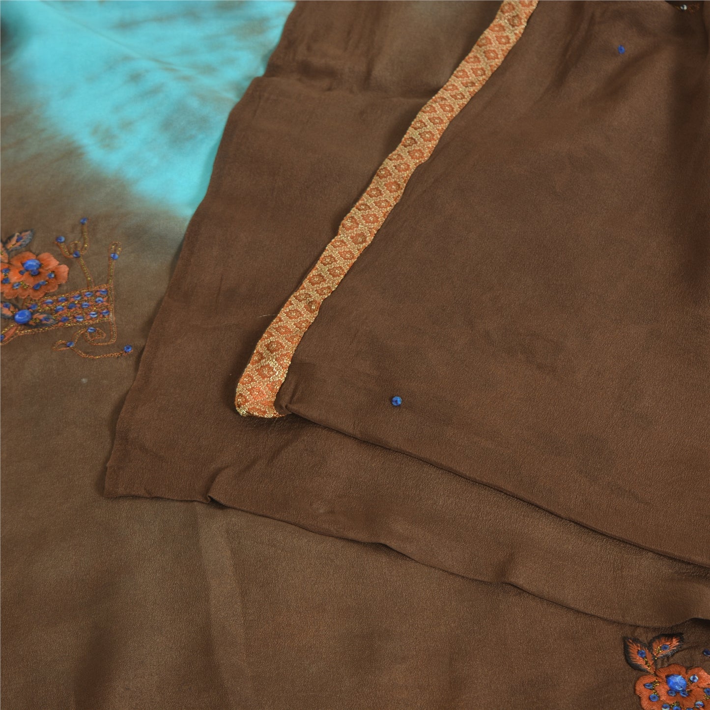 Sanskriti Vintage Sarees Indian Brown Tie-Dye Hand Beaded Pure Crepe Sari Fabric