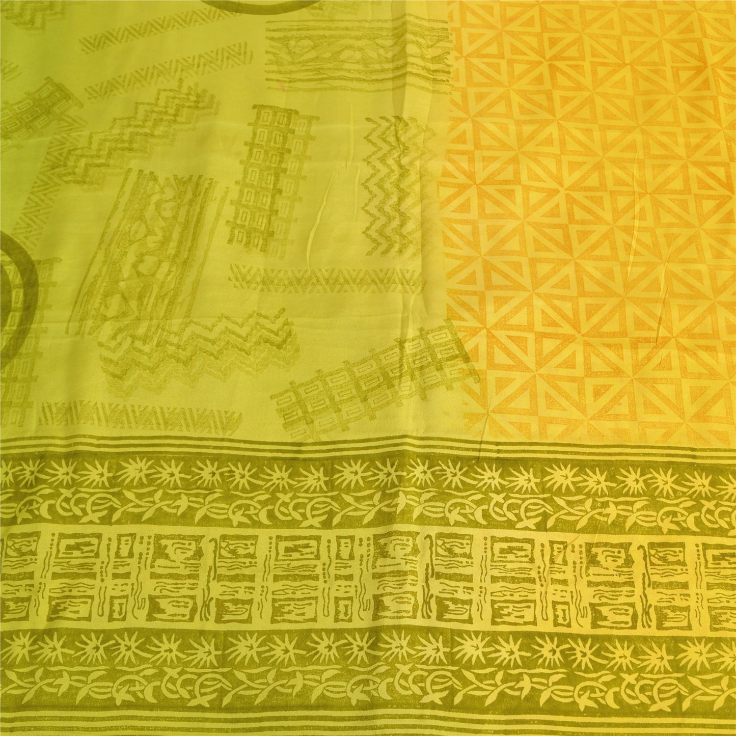 Sanskriti Vintage Sarees Yellow/Green Pure Crepe Silk Printed Sari 5yd Fabric