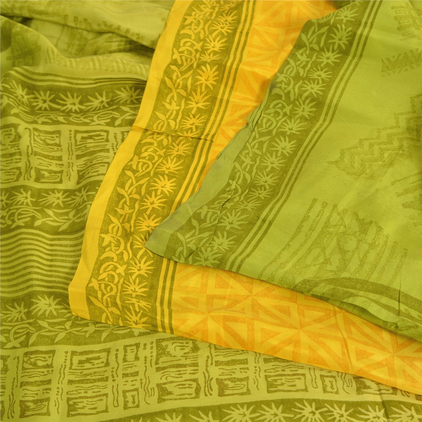 Sanskriti Vintage Sarees Yellow/Green Pure Crepe Silk Printed Sari 5yd Fabric