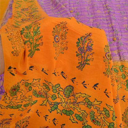 Sanskriti Vintage Sarees Purple/Yellow Pure Crepe Printed Sari 5yd Craft Fabric