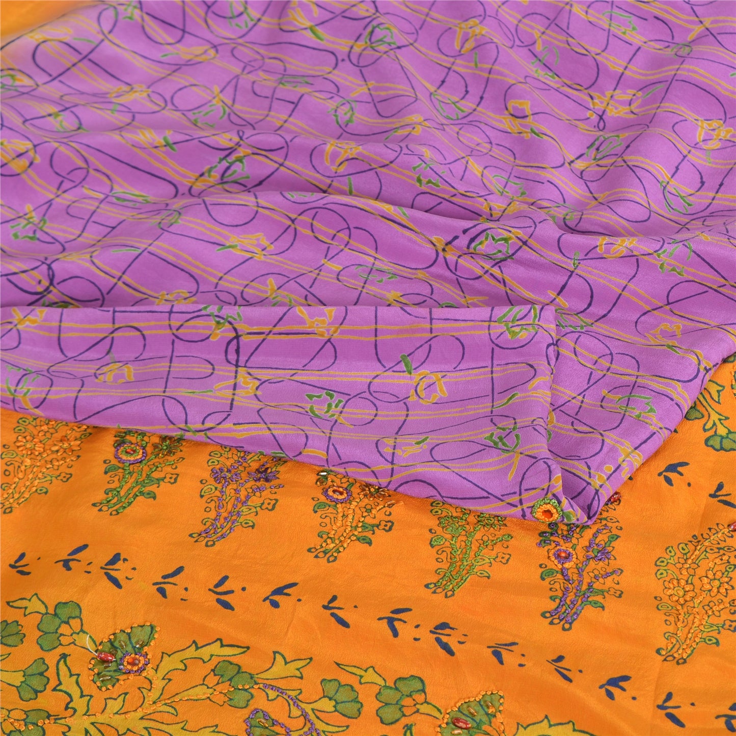 Sanskriti Vintage Sarees Purple/Yellow Pure Crepe Printed Sari 5yd Craft Fabric