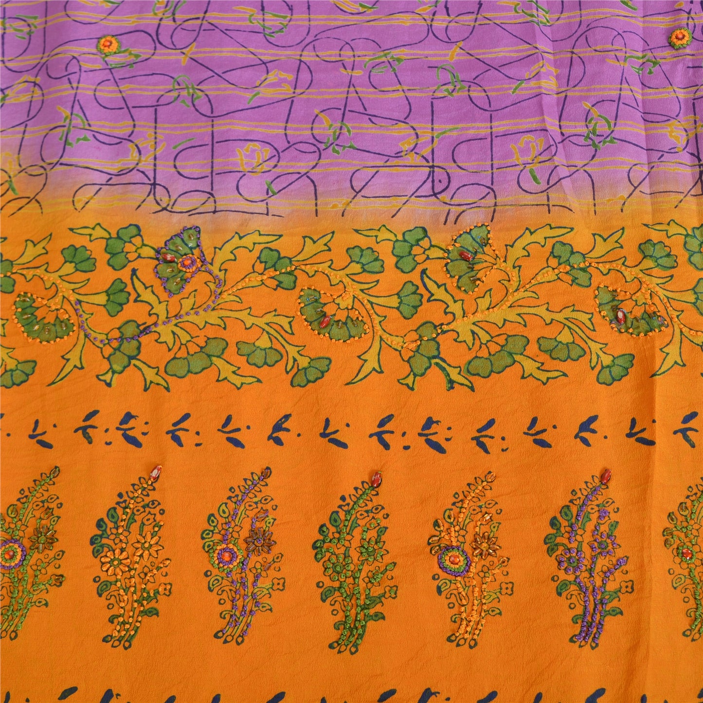 Sanskriti Vintage Sarees Purple/Yellow Pure Crepe Printed Sari 5yd Craft Fabric