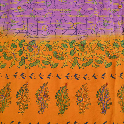 Sanskriti Vintage Sarees Purple/Yellow Pure Crepe Printed Sari 5yd Craft Fabric