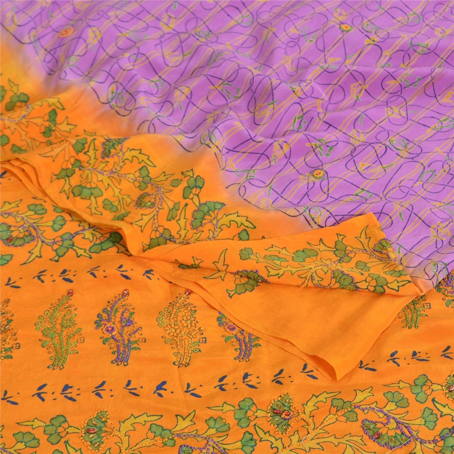 Sanskriti Vintage Sarees Purple/Yellow Pure Crepe Printed Sari 5yd Craft Fabric