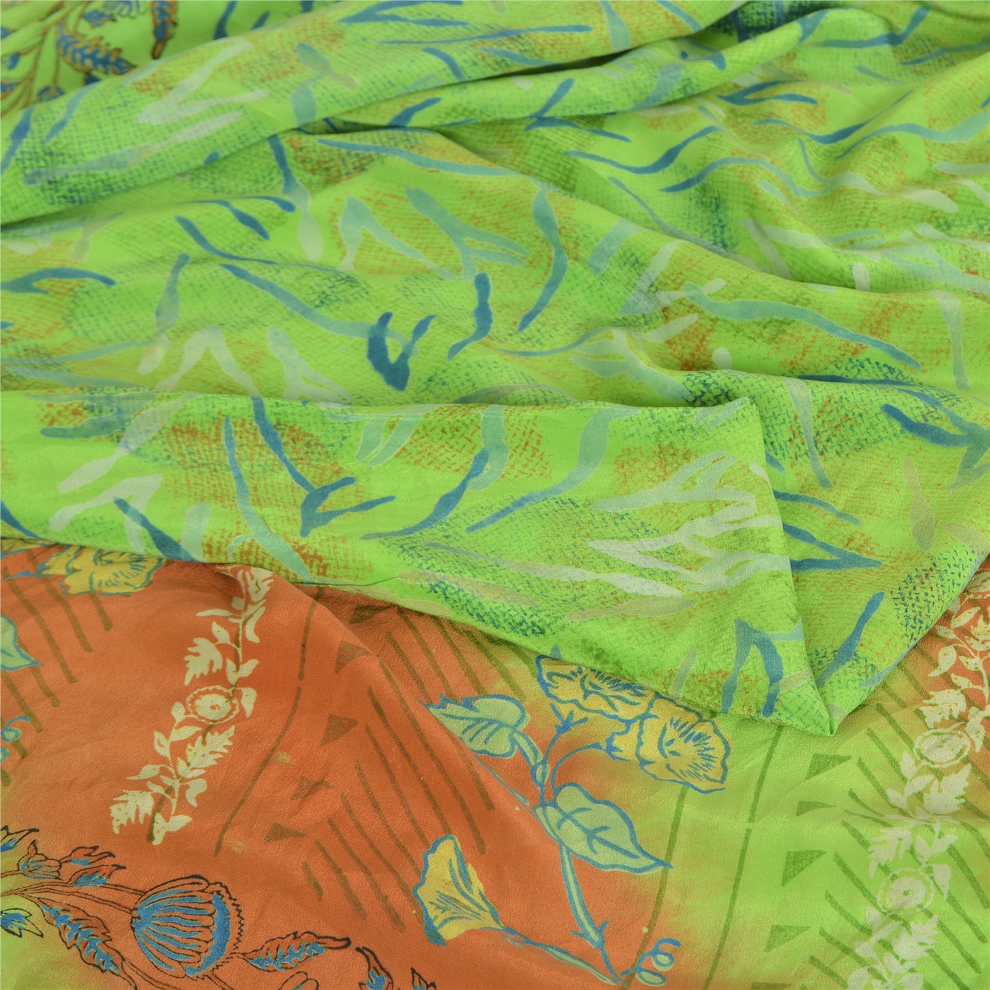 Sanskriti Vintage Sarees Green Pure Crepe Silk Printed Sari 5yd Craft Fabric