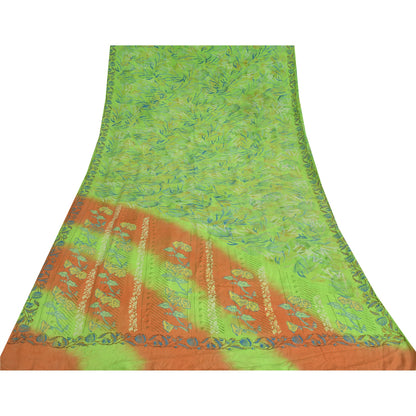 Sanskriti Vintage Sarees Green Pure Crepe Silk Printed Sari 5yd Craft Fabric