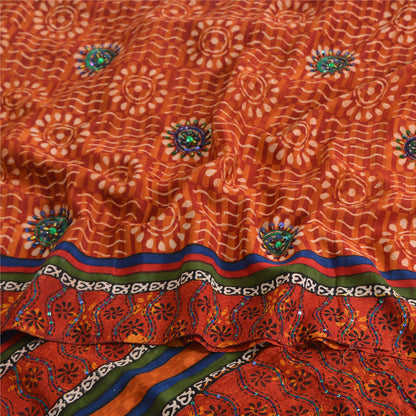 Sanskriti Vintage Sarees Pure Crepe Hand Beaded Orange Printed Sari 5yd Fabric