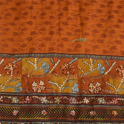 Sanskriti Vintage Sarees Saffron Pure Crepe Hand Embroidered Printed Sari Fabric