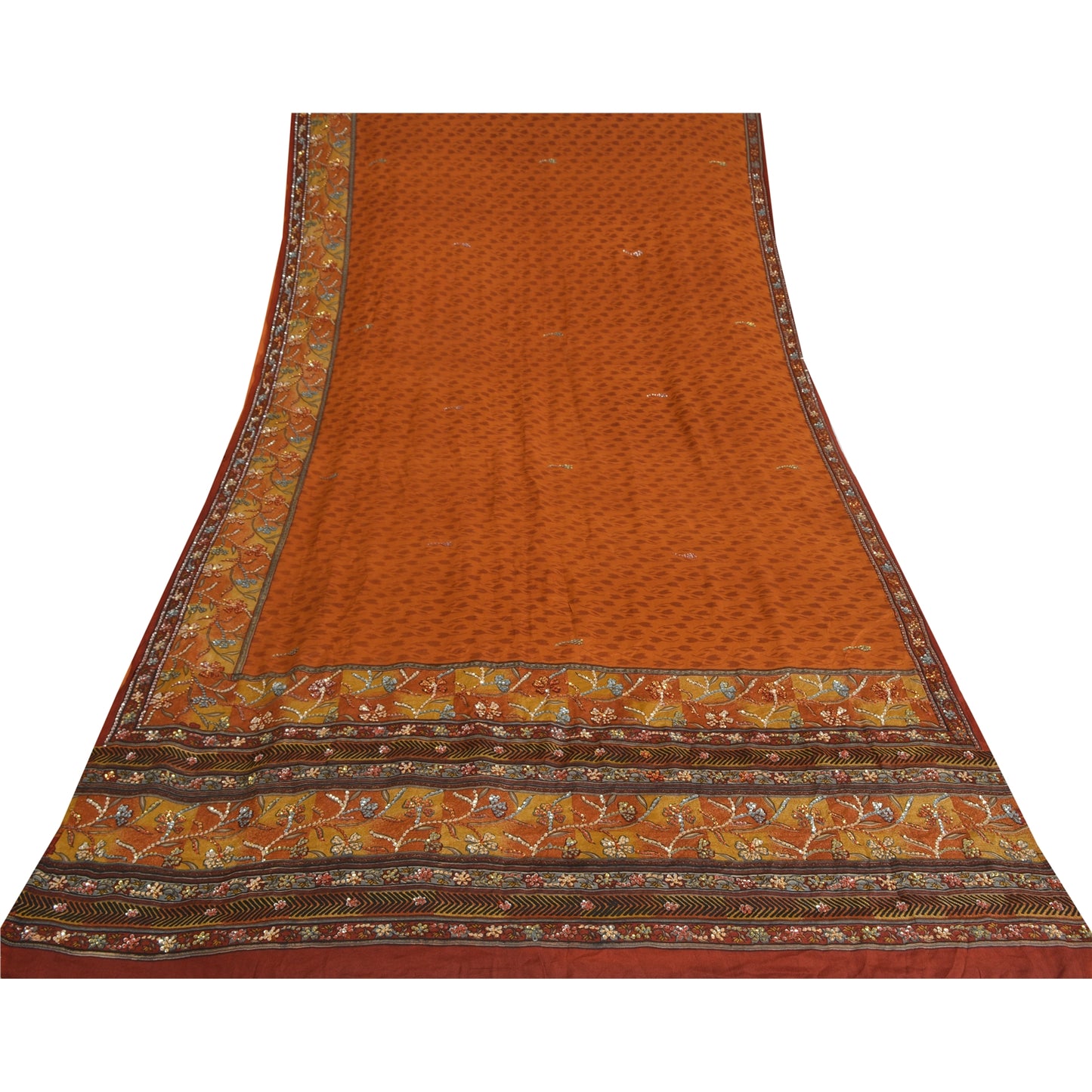 Sanskriti Vintage Sarees Saffron Pure Crepe Hand Embroidered Printed Sari Fabric