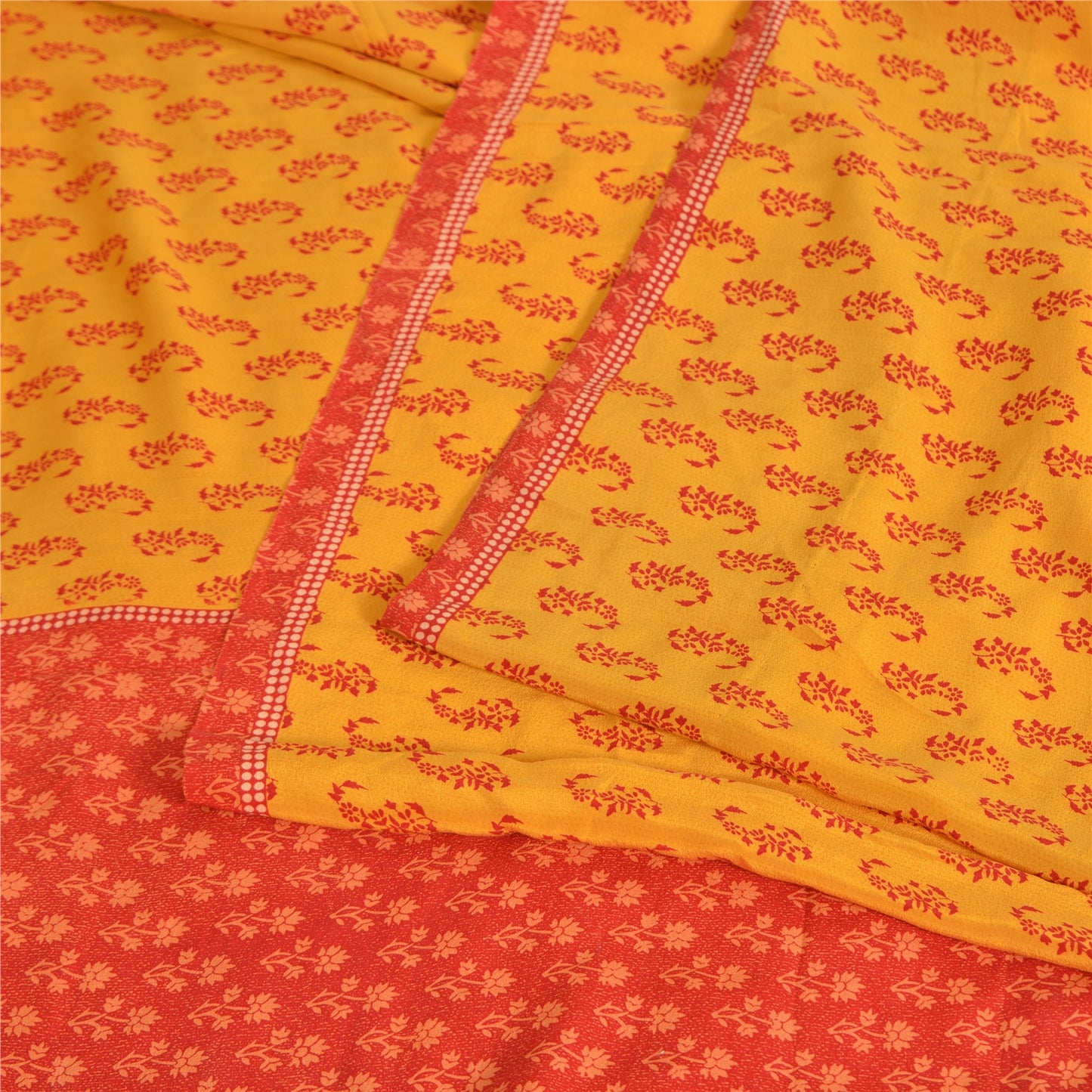 Sanskriti Vintage Sarees Yellow/Red Pure Crepe Block Print Sari 5yd Craft Fabric