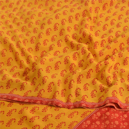 Sanskriti Vintage Sarees Yellow/Red Pure Crepe Block Print Sari 5yd Craft Fabric