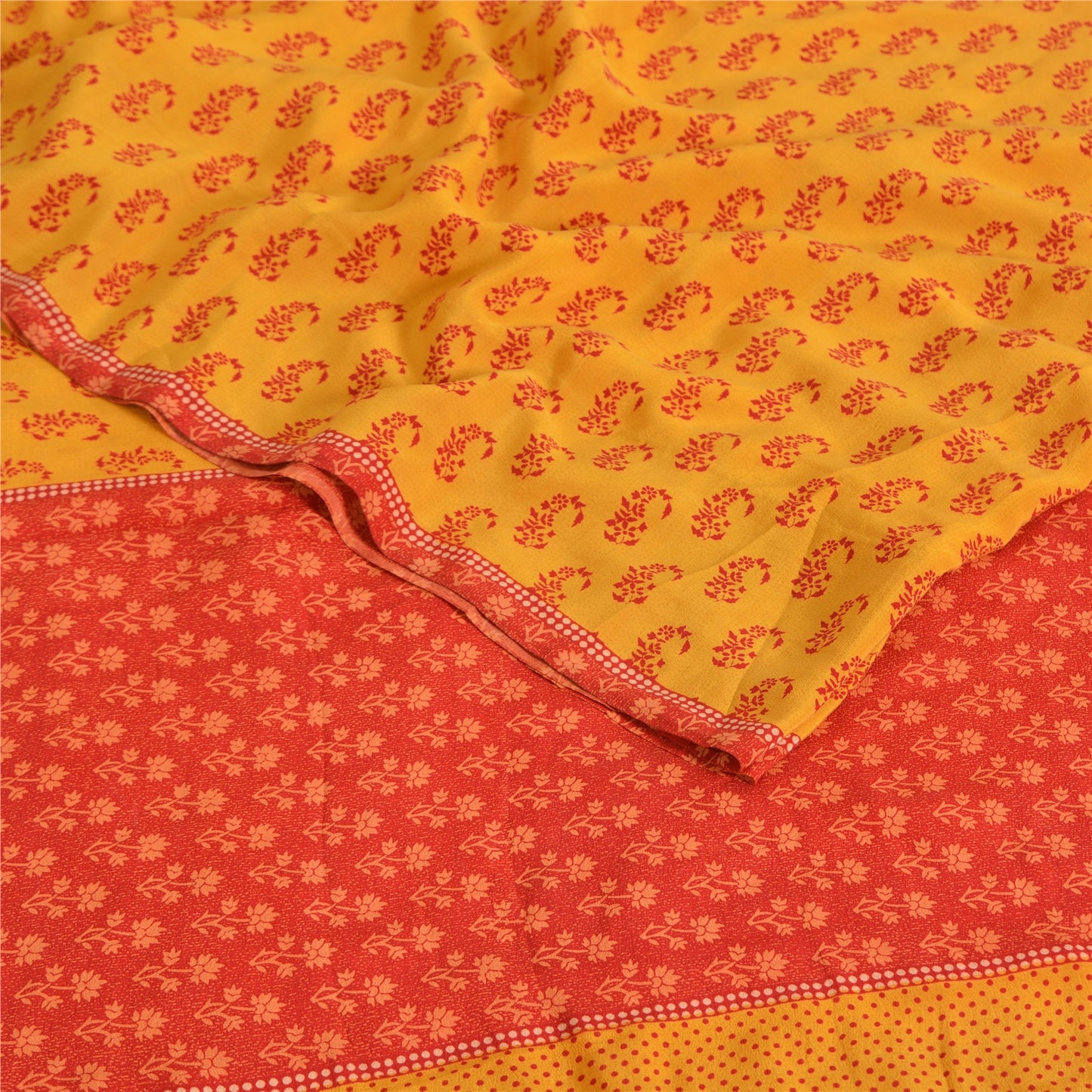 Sanskriti Vintage Sarees Yellow/Red Pure Crepe Block Print Sari 5yd Craft Fabric