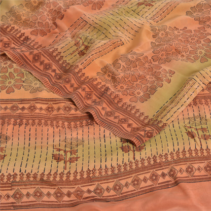 Sanskriti Vintage Sarees Orange Pure Crepe Silk Printed Sari 5yd Craft Fabric