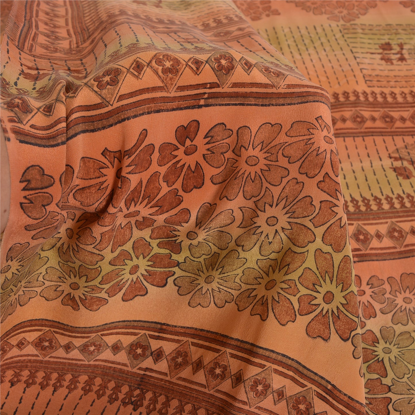 Sanskriti Vintage Sarees Orange Pure Crepe Silk Printed Sari 5yd Craft Fabric