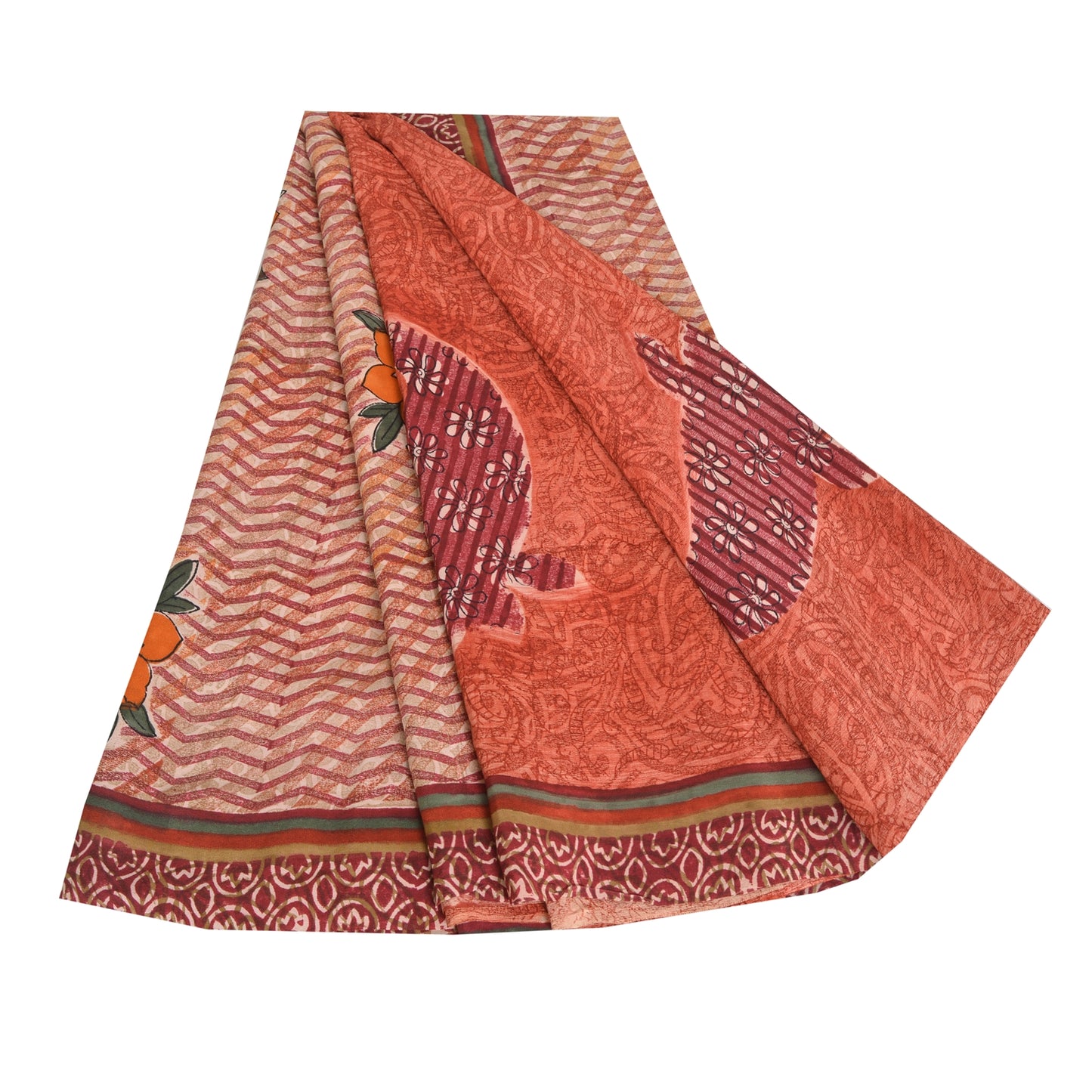 Sanskriti Vintage Sarees Peach 100% Pure Crepe Silk Print Sari 5yd Craft Fabric