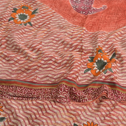 Sanskriti Vintage Sarees Peach 100% Pure Crepe Silk Print Sari 5yd Craft Fabric