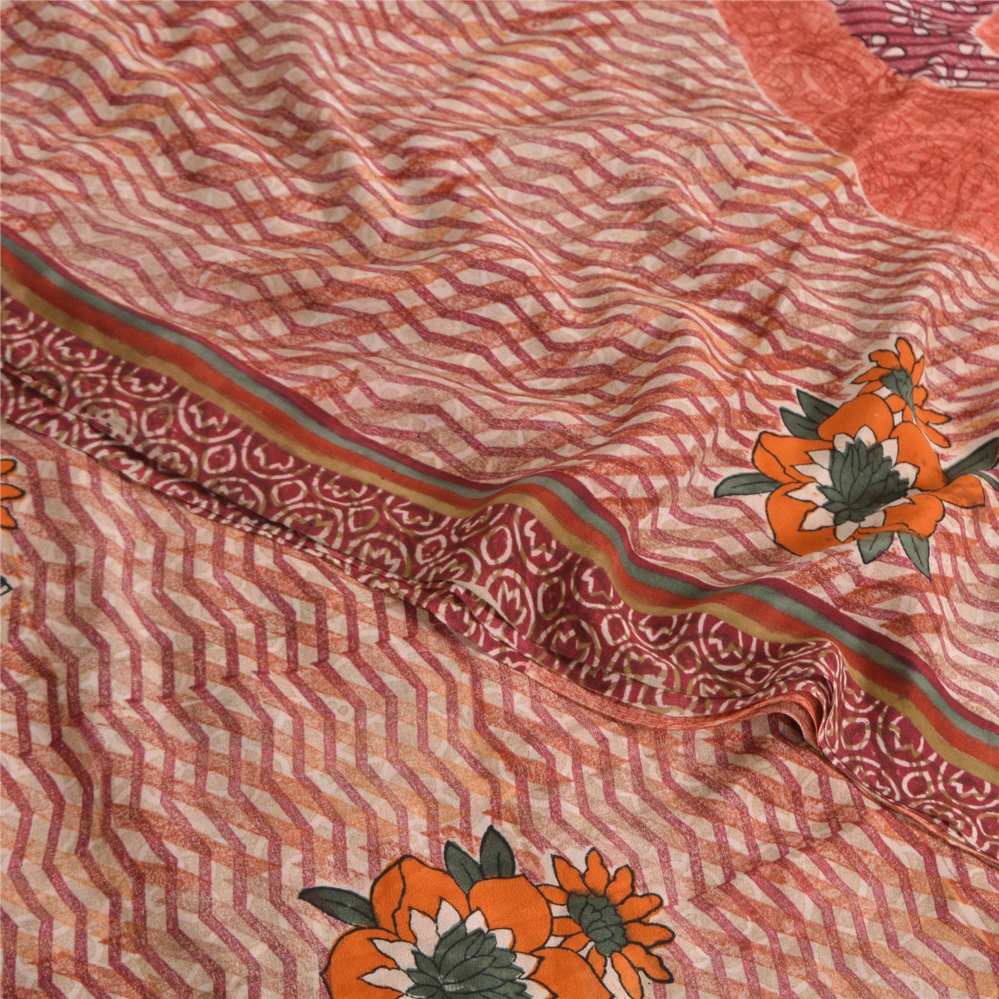 Sanskriti Vintage Sarees Peach 100% Pure Crepe Silk Print Sari 5yd Craft Fabric