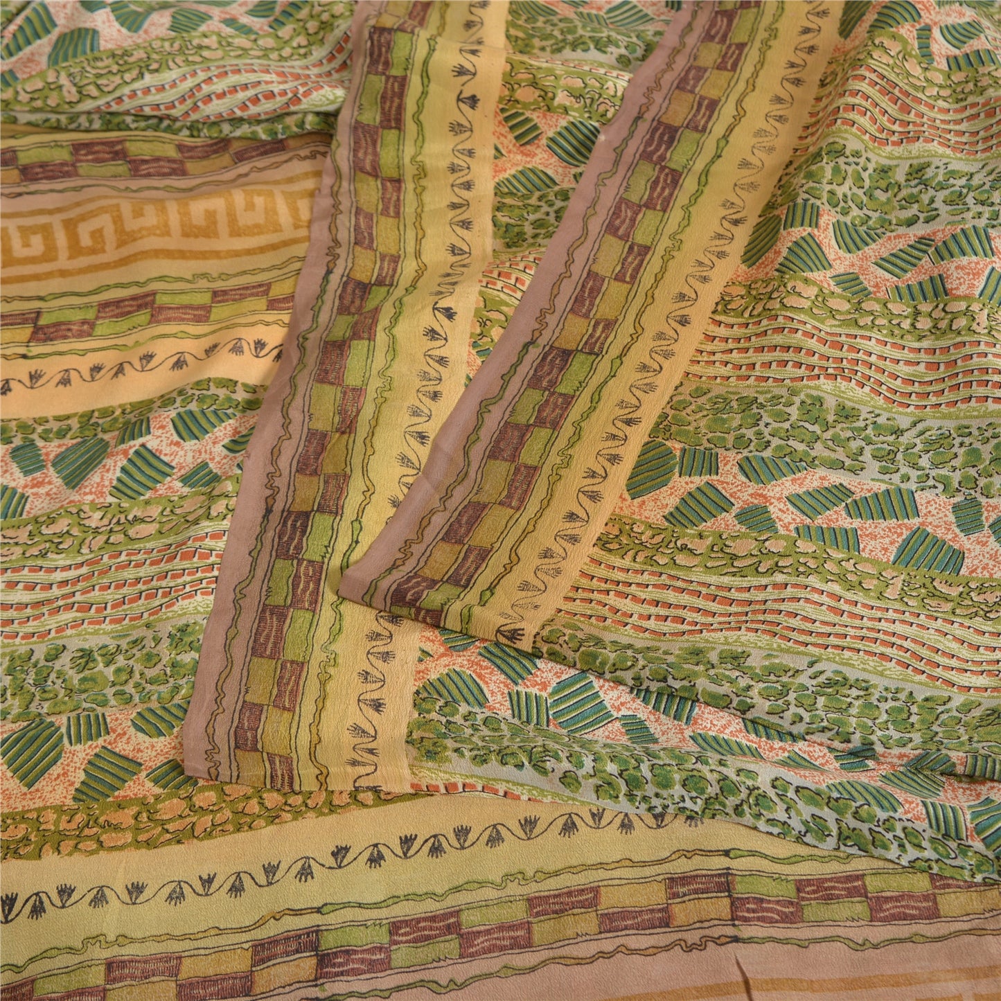 Sanskriti Vintage Sarees Green Pure Crepe Silk Printed Sari 5yd Craft Fabric