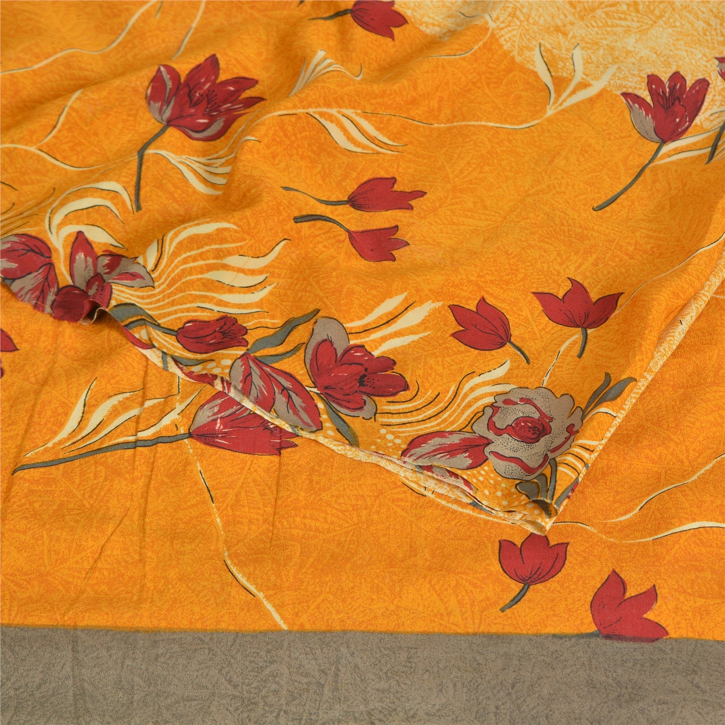 Sanskriti Vintage Sarees Pure Crepe Yellow/Saffron Printed Sari 5yd Craft Fabric