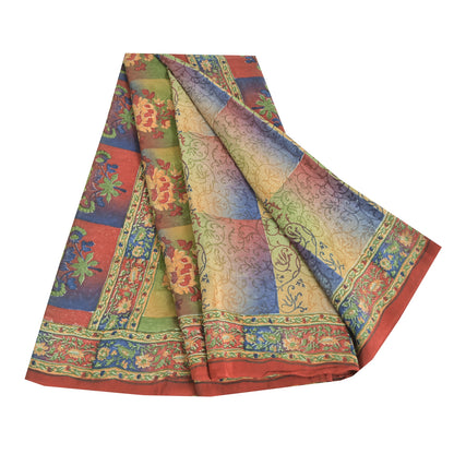 Sanskriti Vintage Sarees Multi Pure Crepe Silk Printed Sari 5yd Craft Fabric