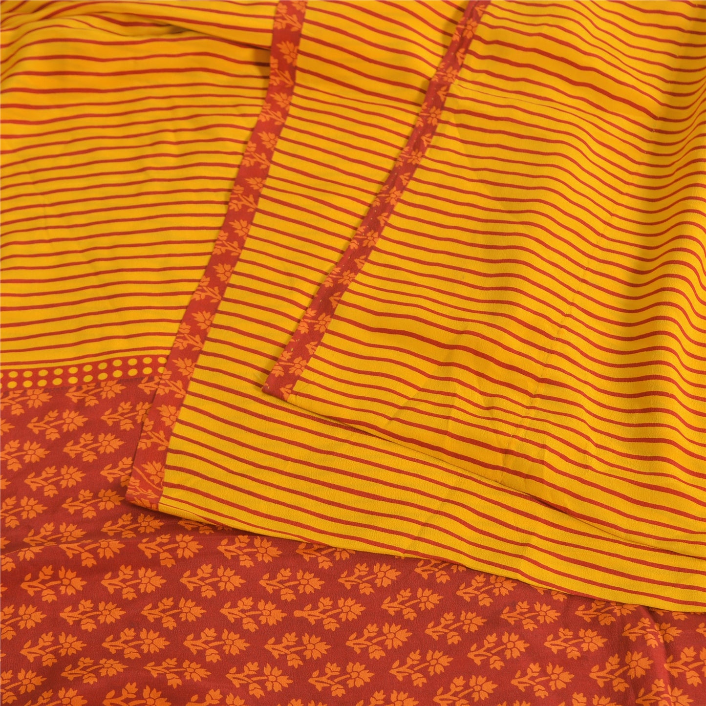 Sanskriti Vintage Sarees Yellow/Red Pure Crepe Silk Print Sari 5yd Craft Fabric