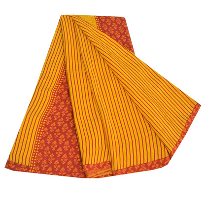 Sanskriti Vintage Sarees Yellow/Red Pure Crepe Silk Print Sari 5yd Craft Fabric