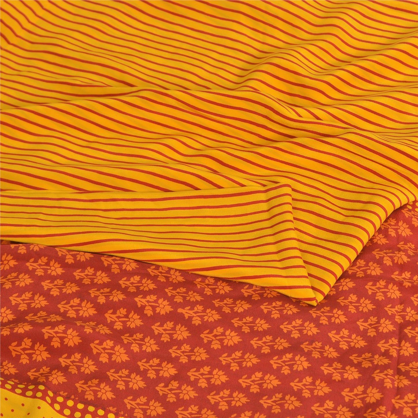 Sanskriti Vintage Sarees Yellow/Red Pure Crepe Silk Print Sari 5yd Craft Fabric