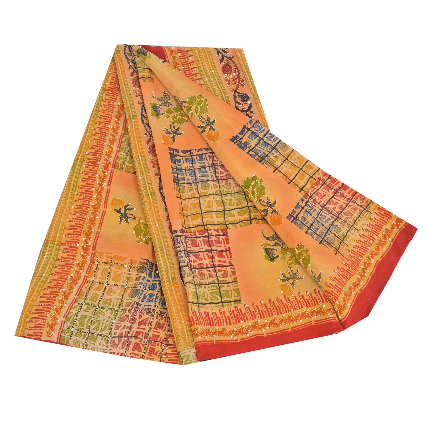 Sanskriti Vintage Sarees Pure Crepe Hand Beaded Kantha Printed Sari 5yd Fabric