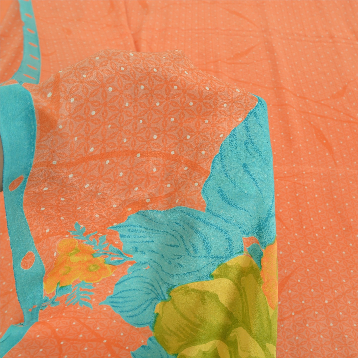 Sanskriti Vintage Sarees Orange Pure Crepe Silk Printed Sari 5yd Craft Fabric